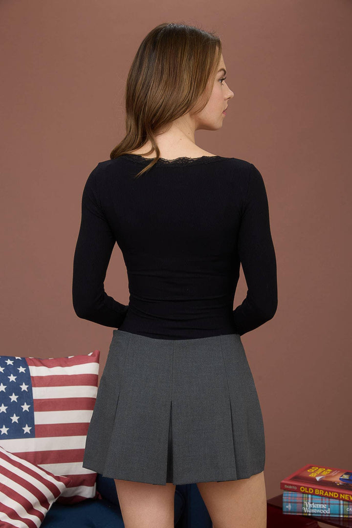 Women's Long Sleeve - LACE TRIM BUTTON DETAIL LONG SLEEVE KNIT TOP - - Cultured Cloths Apparel