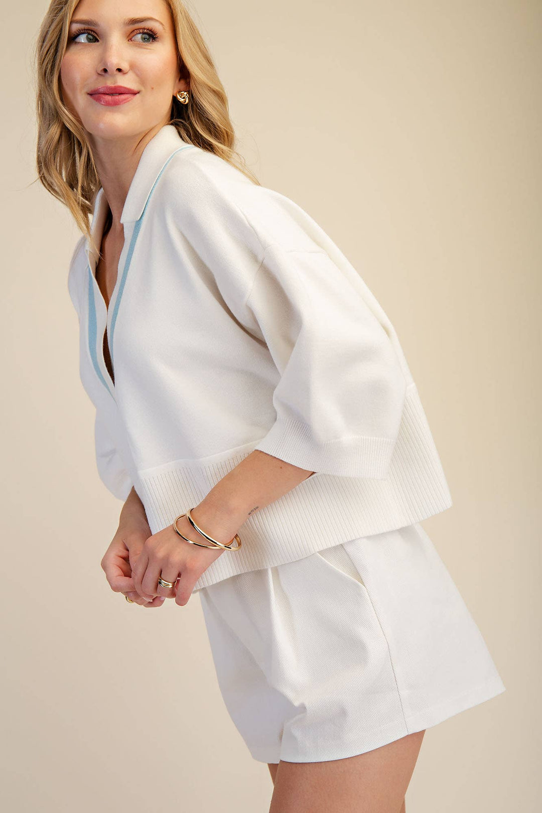 Nude Collar With Contrast Trim Loose Fit Dropped Shoulder Sweater