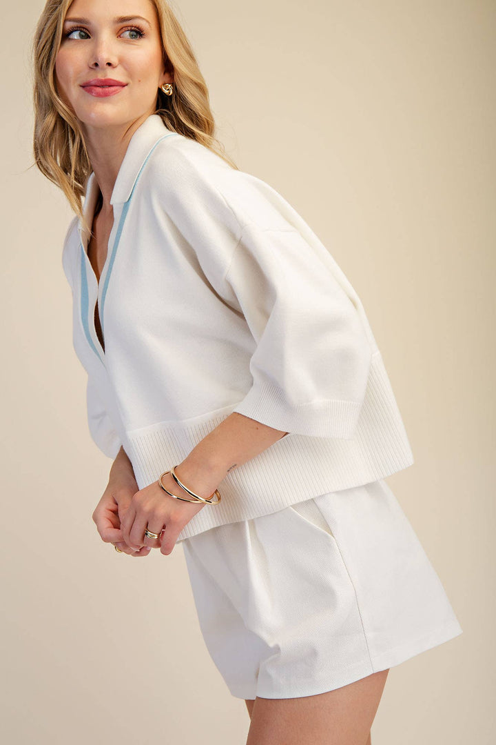 Nude Collar With Contrast Trim Loose Fit Dropped Shoulder Sweater