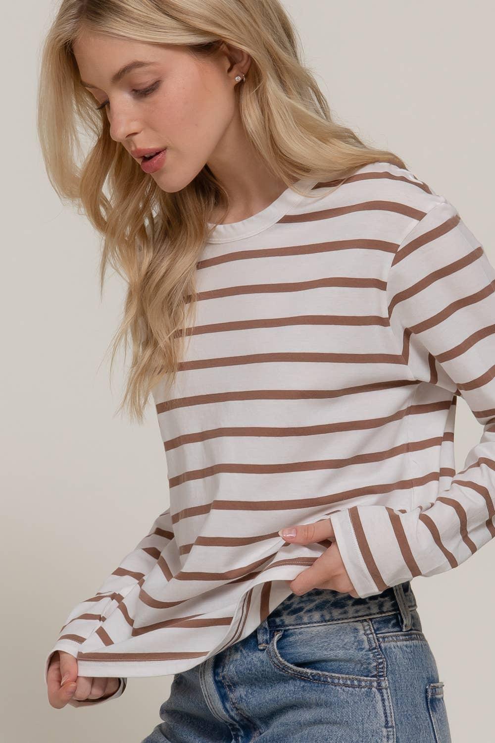Women's Long Sleeve - Long Sleeve Round Neck Neck Stripe Tee - KHAKI - Cultured Cloths Apparel