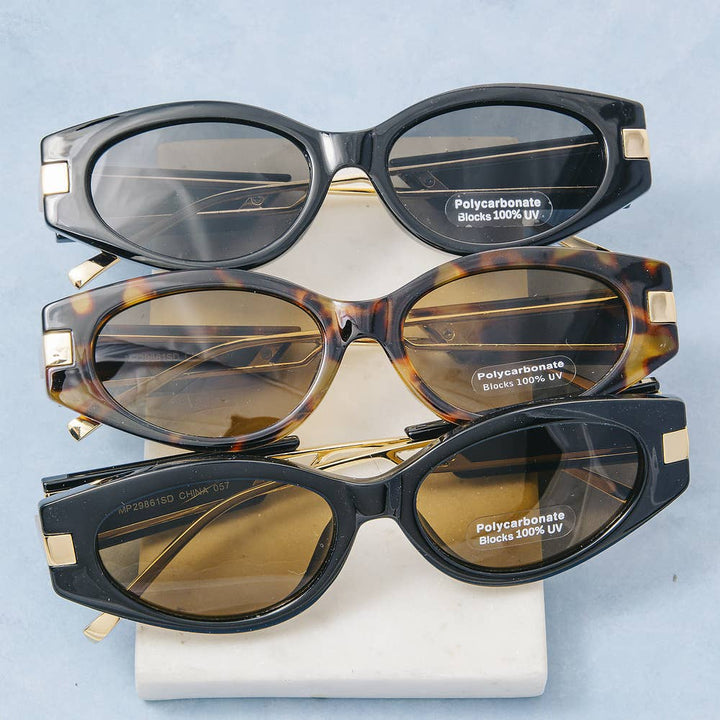 Slim Retro Oval Cat Eye Metal Brow Sunglasses