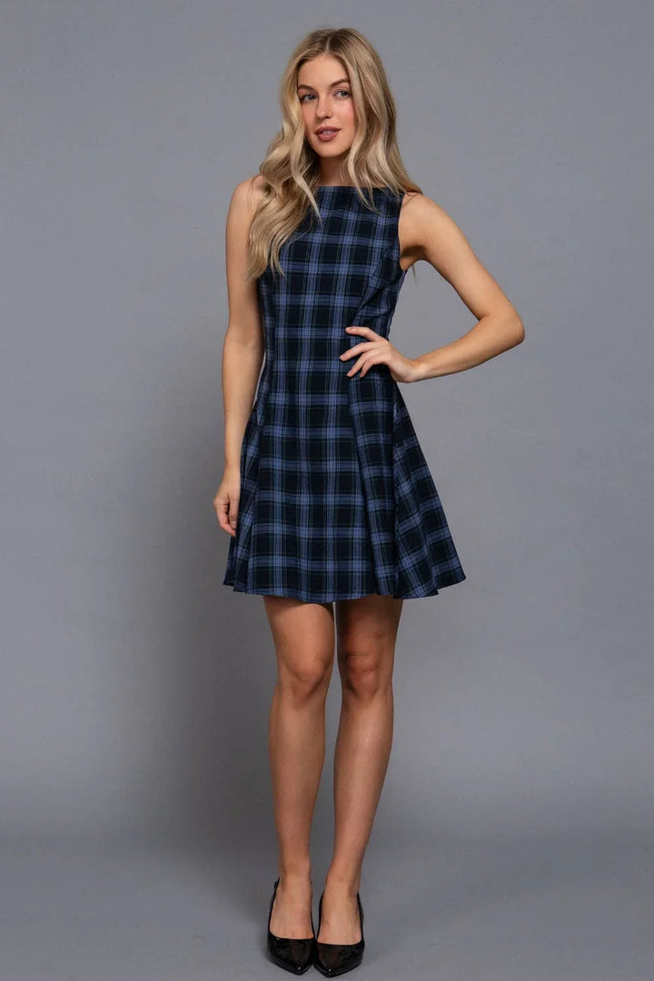 Women's Dresses - Sleeveless Boat Neck Swing Plaid Woven Mini Dress - - Cultured Cloths Apparel