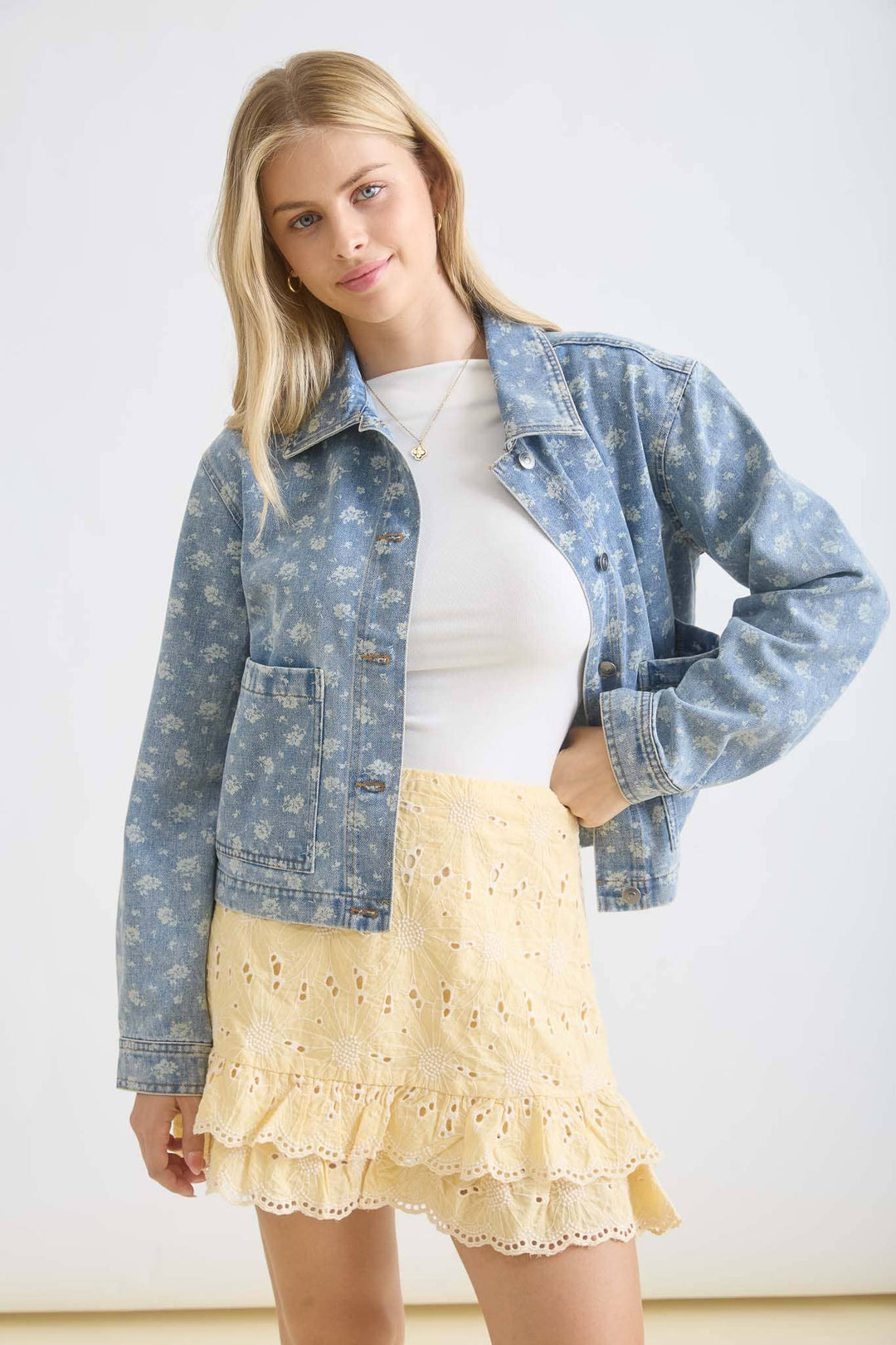 Outerwear - FLORAL WASHED DENIM COLLARED BUTTON DOWN JACKET - - Cultured Cloths Apparel