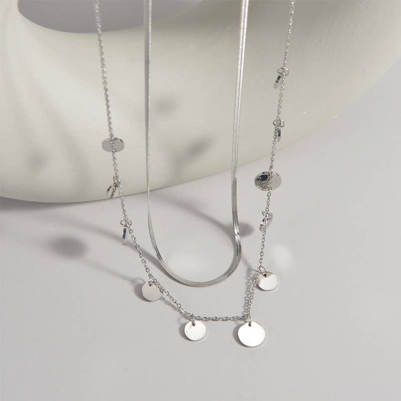 Accessories, Necklaces - STAINLESS STEEL TARNISH FREE DISC LAYER NECKLACE | 40NK349 - Silver - Cultured Cloths Apparel