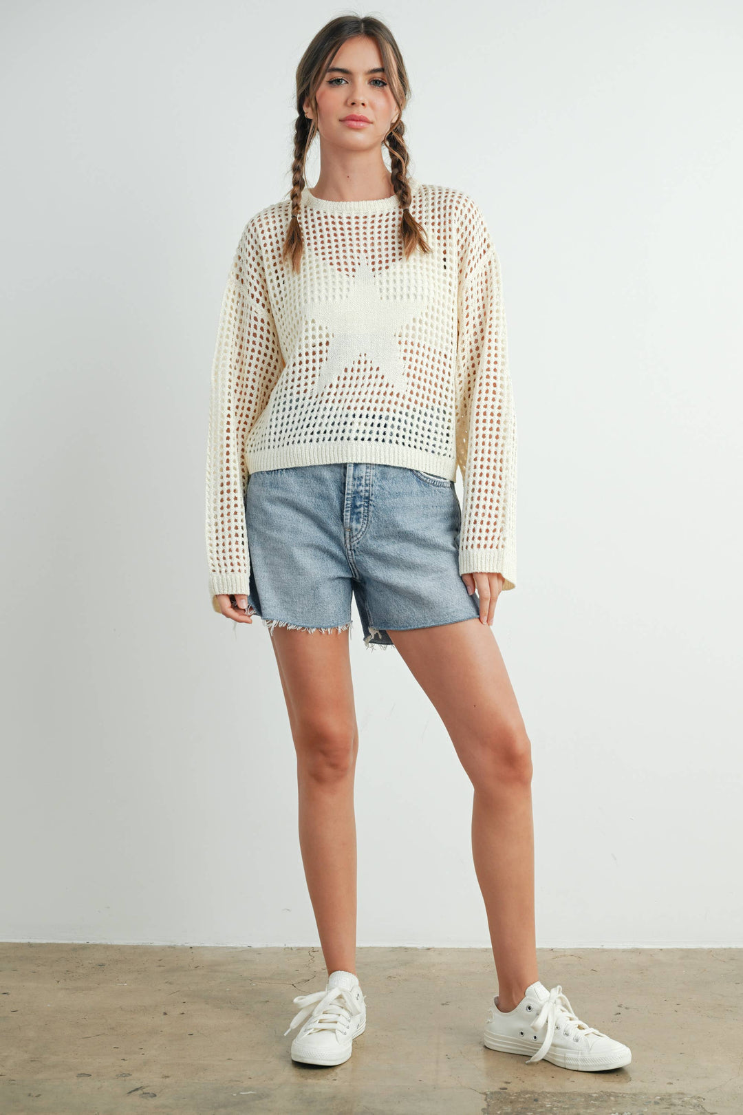 Women's Sweaters - Star Crew Neck Crochet Sweater - - Cultured Cloths Apparel