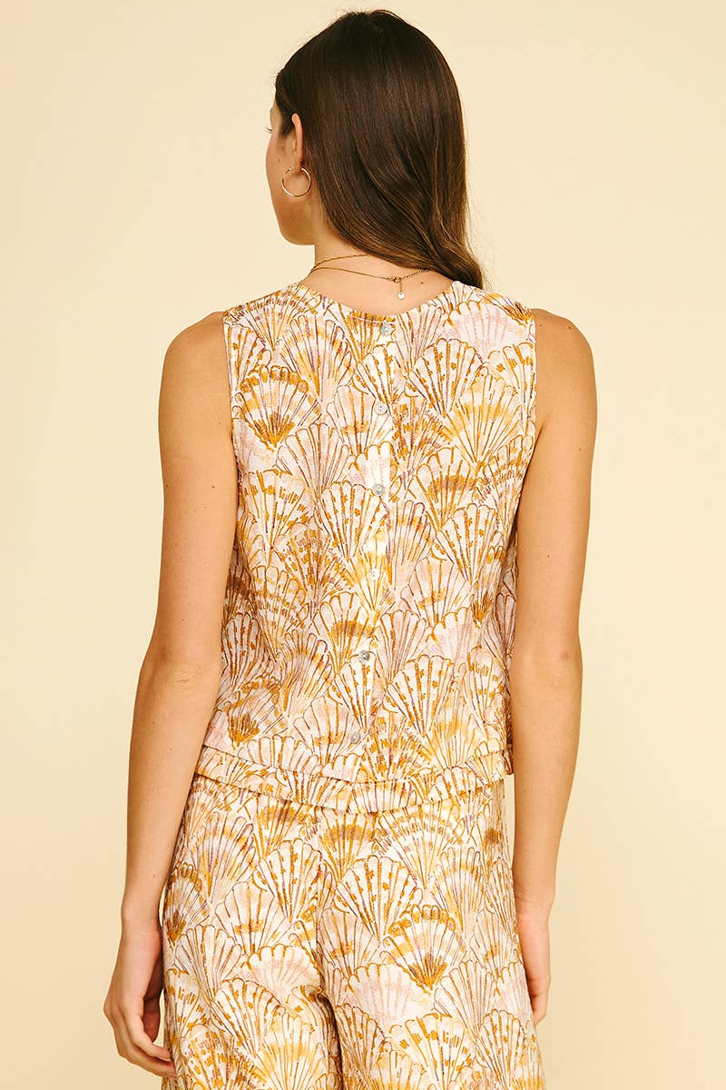 Women's Sleeveless - SEASHELL PRINT TOP WITH PLEATED DETAIL - - Cultured Cloths Apparel