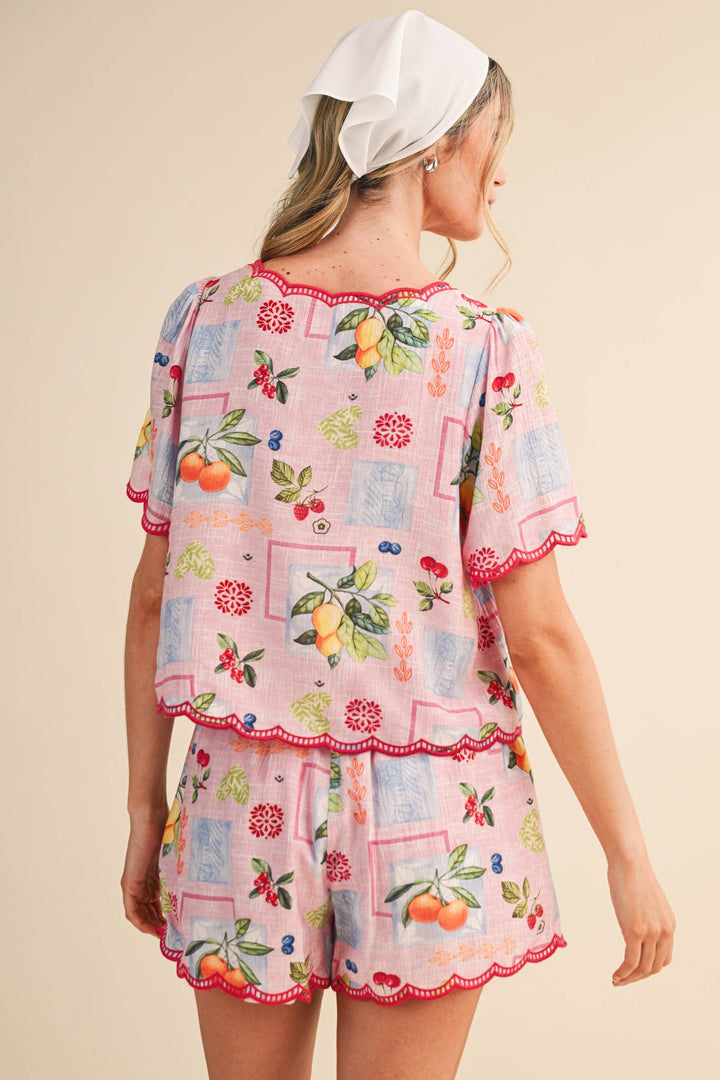 Romper - FRUIT PRINT EMBROIDERED SCALLOP TOP AND SHORTS SET - - Cultured Cloths Apparel