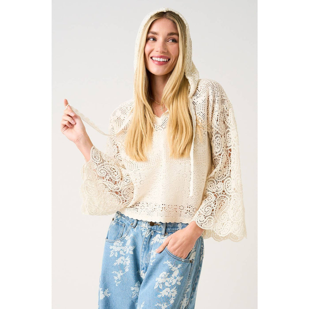Women's Long Sleeve - CROCHET LACE BOHO LONG SLEEVE HOODIE TOP - - Cultured Cloths Apparel