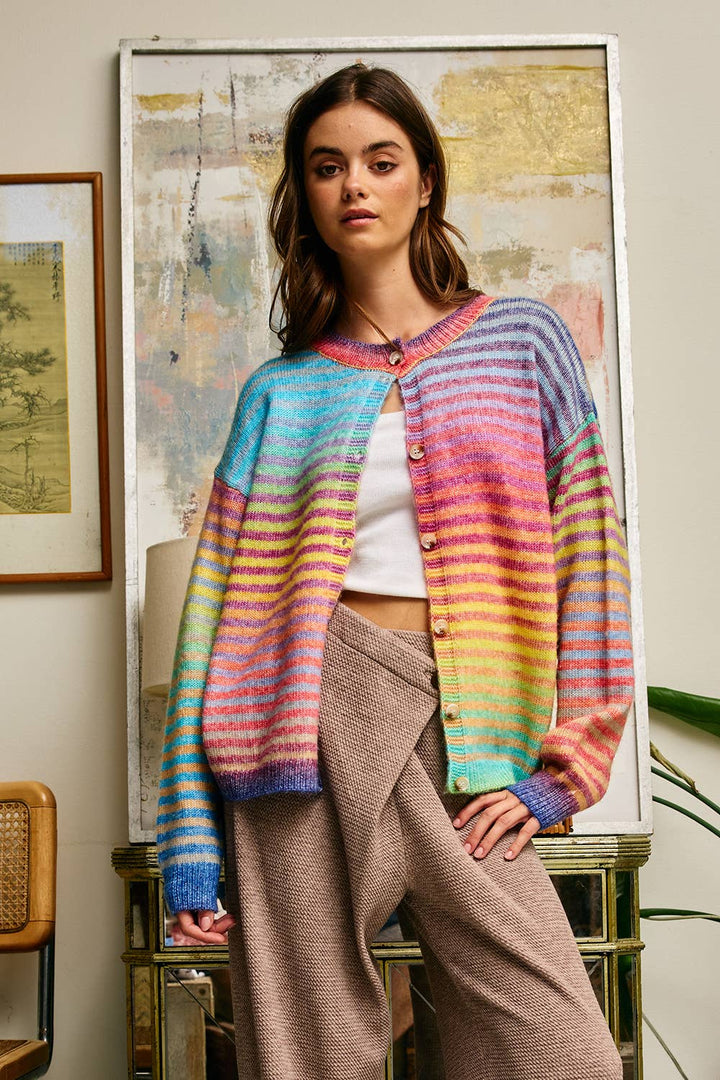 Cardigans - Space-Dye Striped Button-Down Cardigan - - Cultured Cloths Apparel