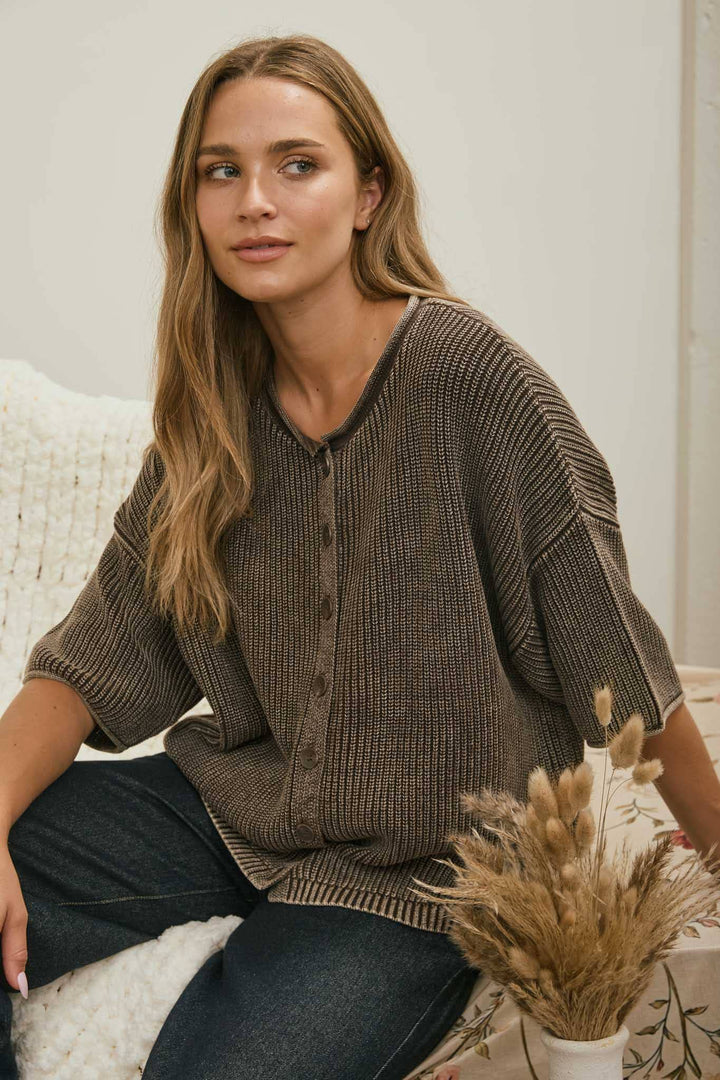 Cardigans - WASHED RIBBED SHORT SLEEVE ROLLED EDGE CARDIGAN - - Cultured Cloths Apparel