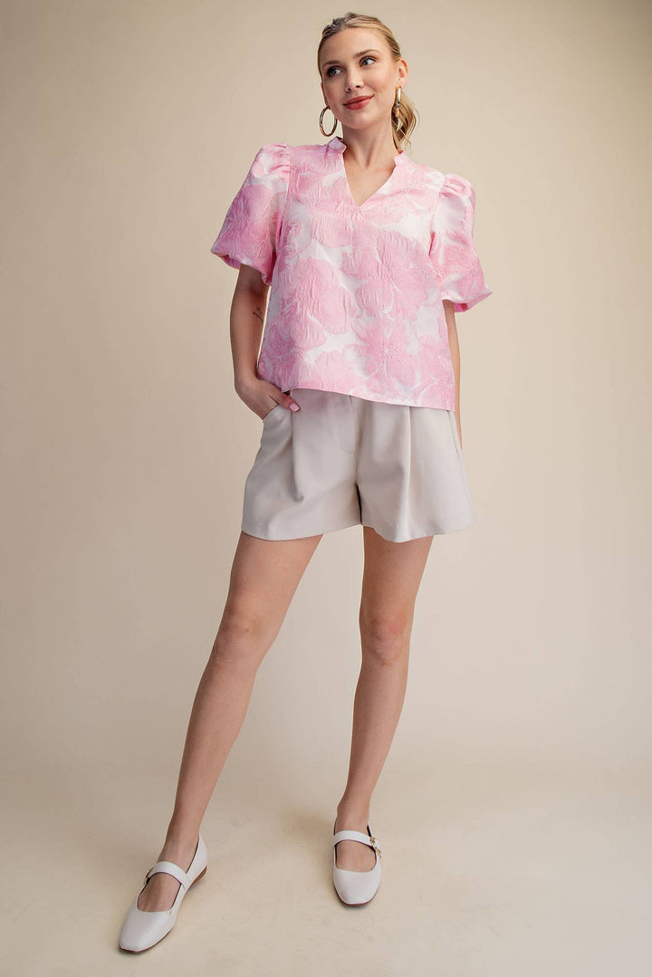 Women's Short Sleeve - V-Neck Puff Sleeve Jacquard Top - - Cultured Cloths Apparel
