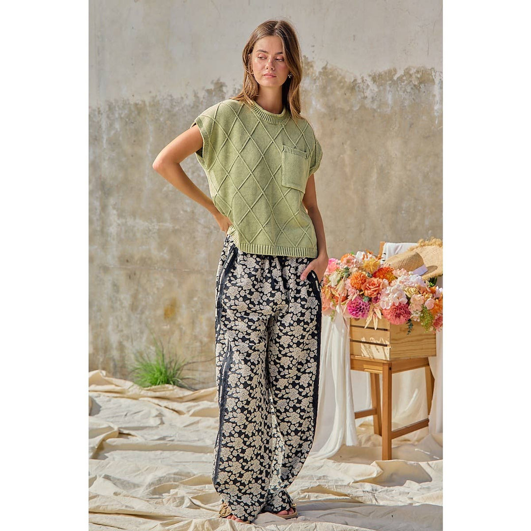 FLORAL JACQUARD SIDE LACE TRIM ELASTIC PANTS
