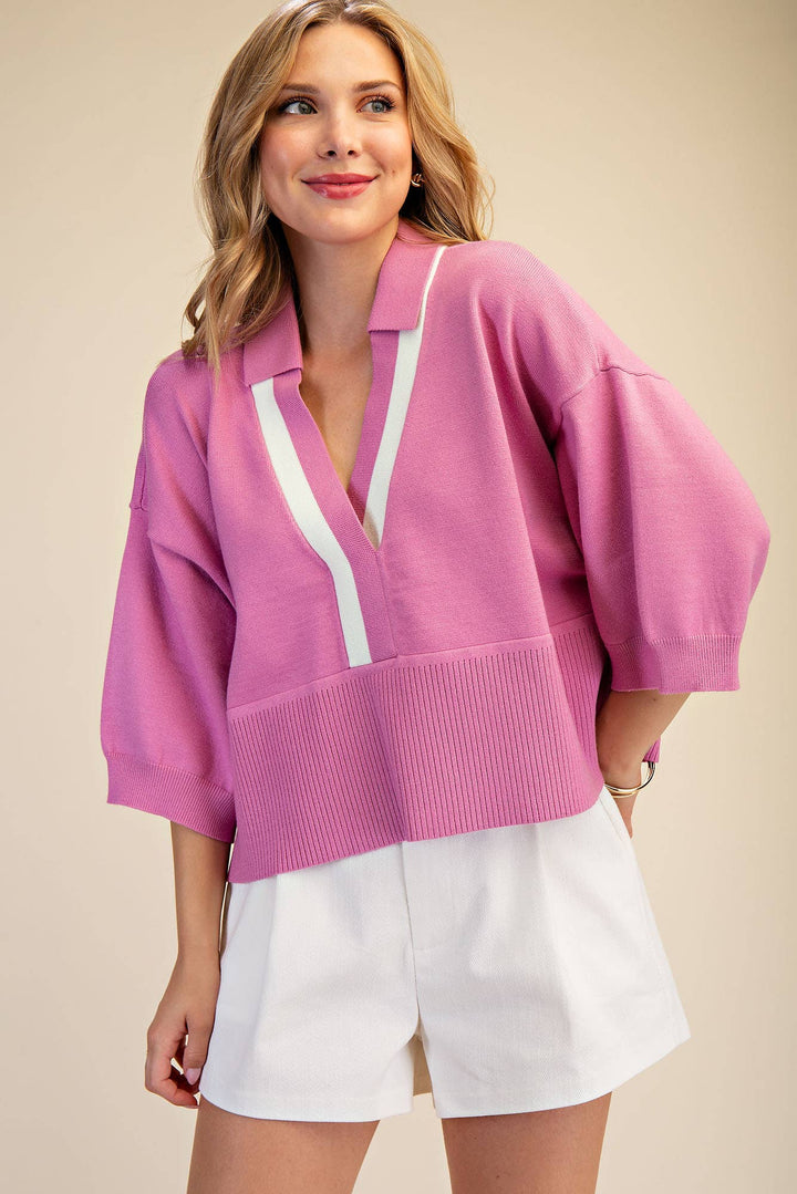 Nude Collar With Contrast Trim Loose Fit Dropped Shoulder Sweater