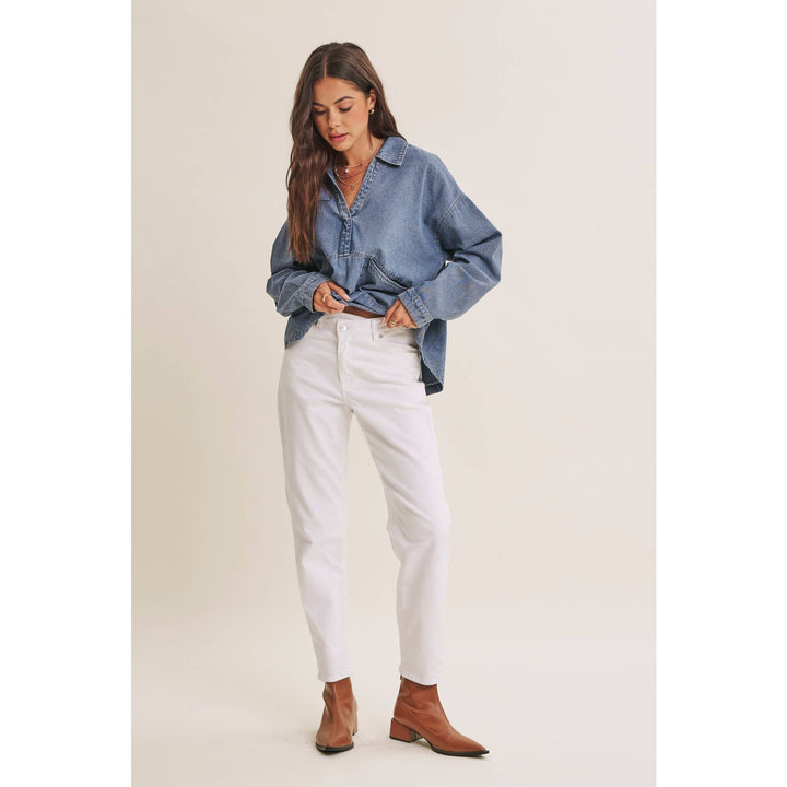 EASY LIVING MINERAL-WASHED COTTON DENIM OVERSIZED POCKET TOP