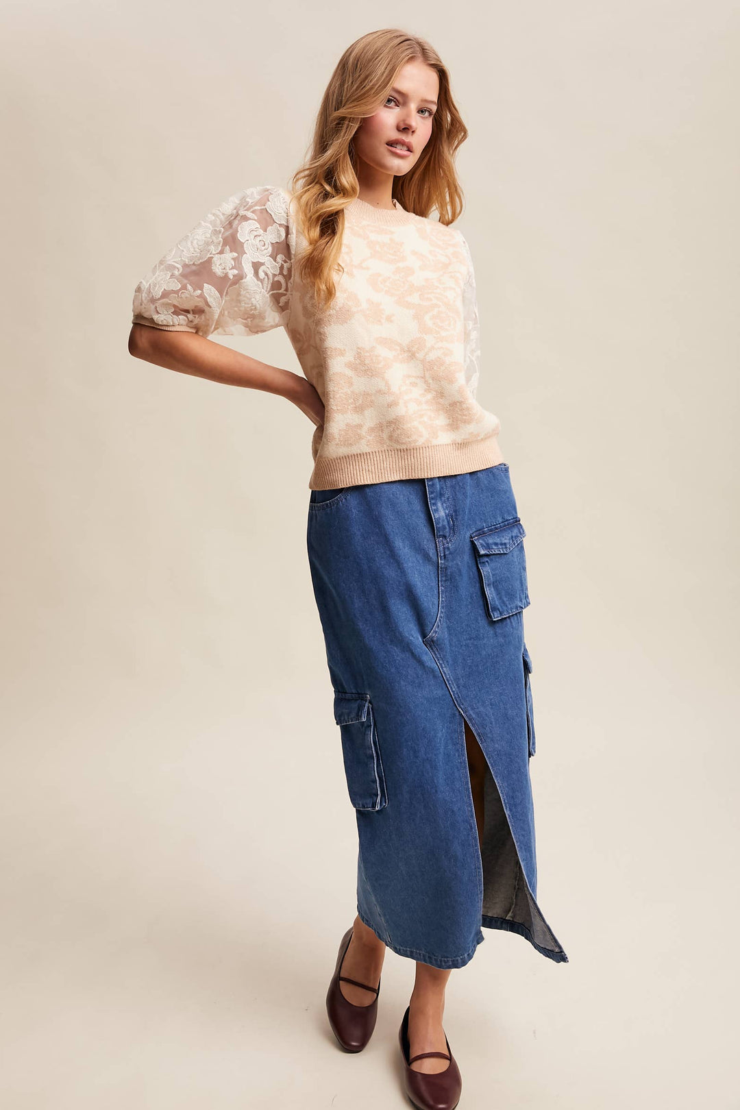 Women's Short Sleeve - Rose Embroidered Contrast Knit Top - - Cultured Cloths Apparel