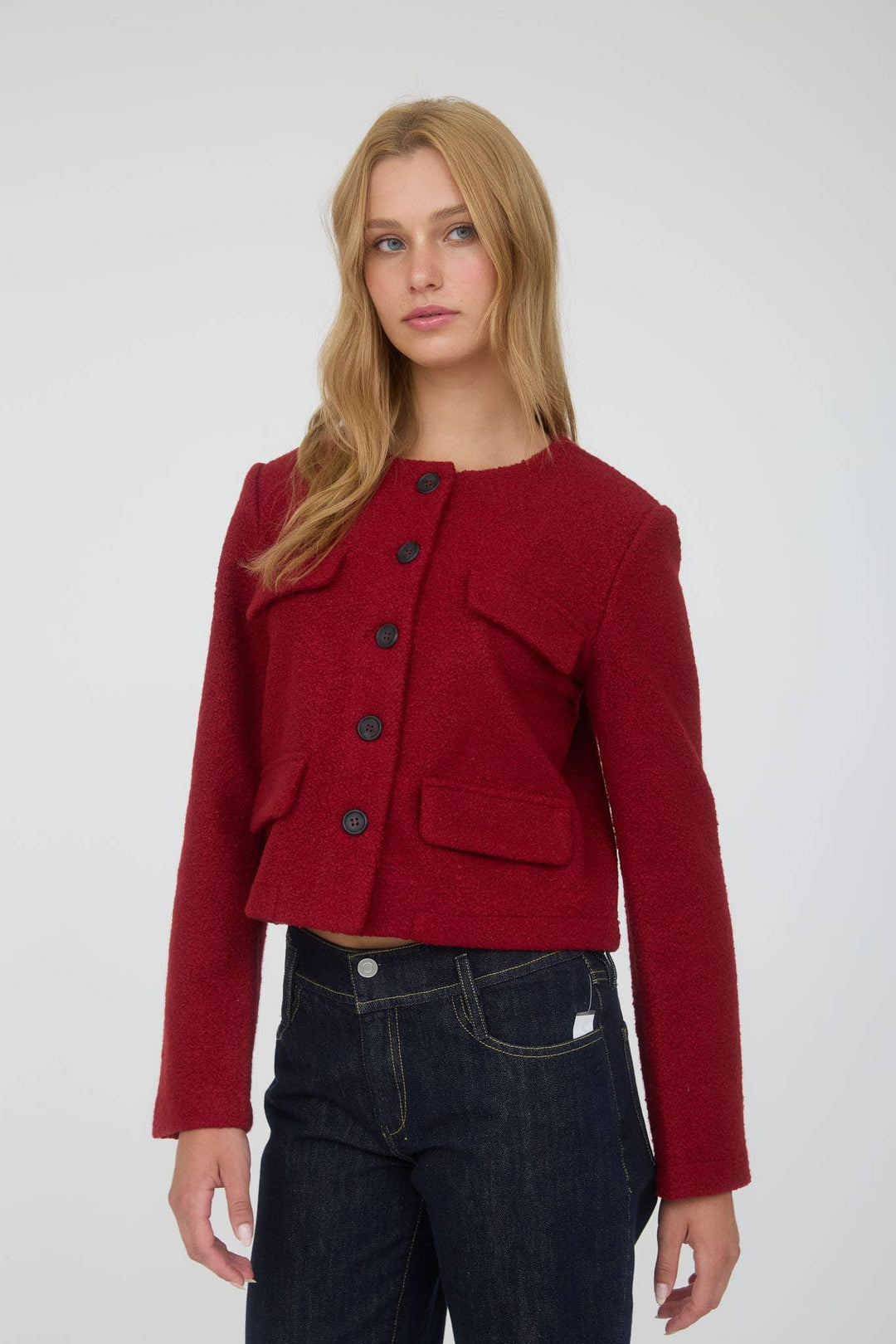 Outerwear - BUTTON DOWN SOLID TWEED JACKET - DEEP RED - Cultured Cloths Apparel