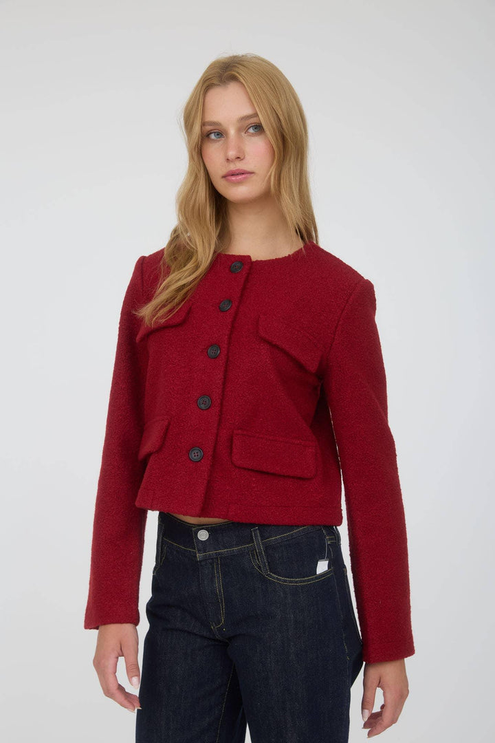 Outerwear - BUTTON DOWN SOLID TWEED JACKET - DEEP RED - Cultured Cloths Apparel