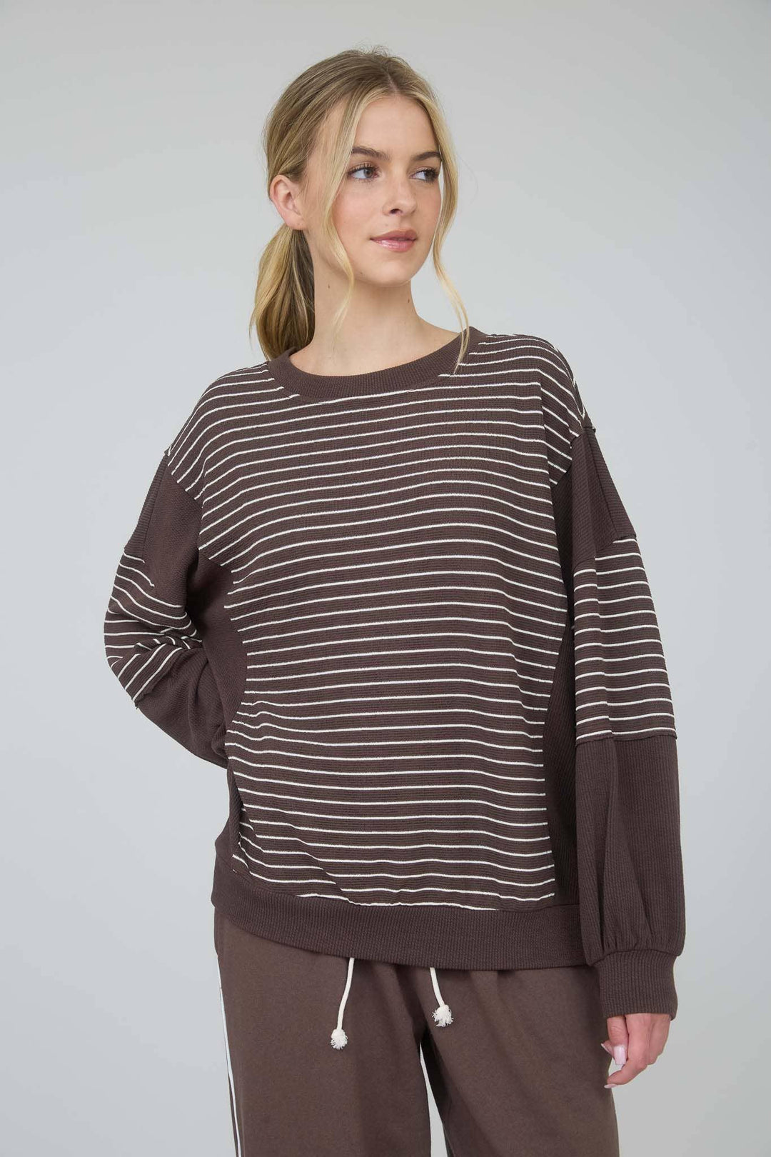 Women's Long Sleeve - CONTRAST STRIPE RAW EDGE LONG SLEEVE KNIT TOP - - Cultured Cloths Apparel