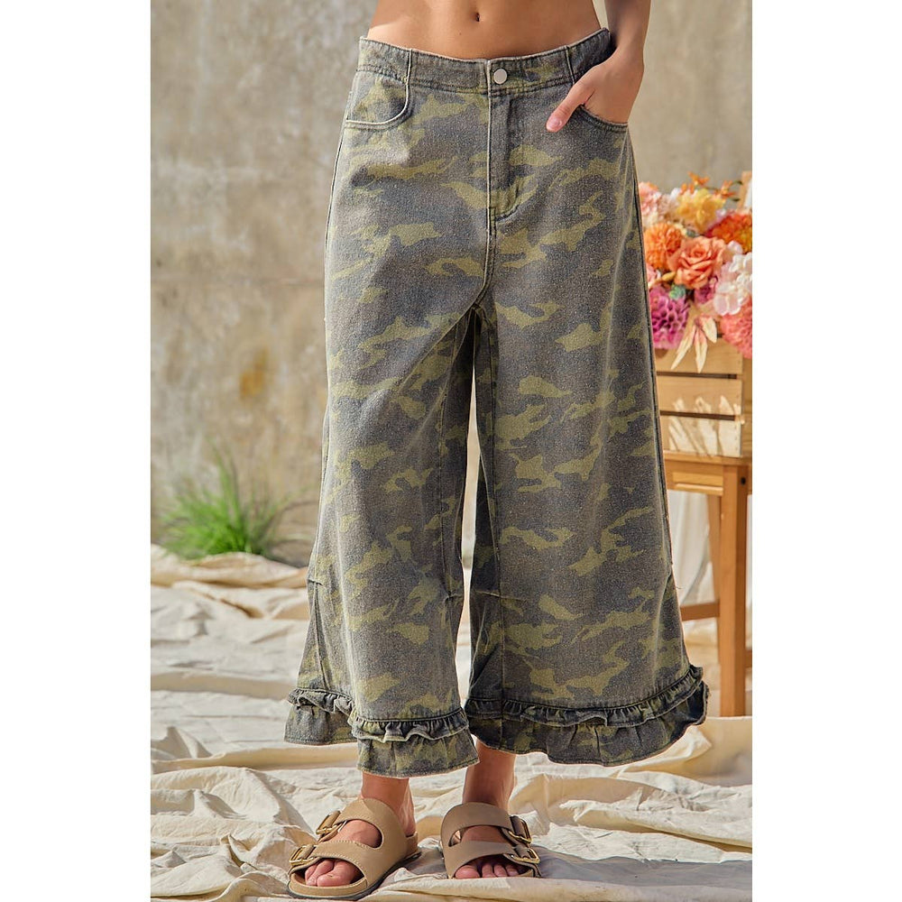 Pants - CAMOUFLAGE DENIM RUFFLED HEM MID RISE PANTS - - Cultured Cloths Apparel