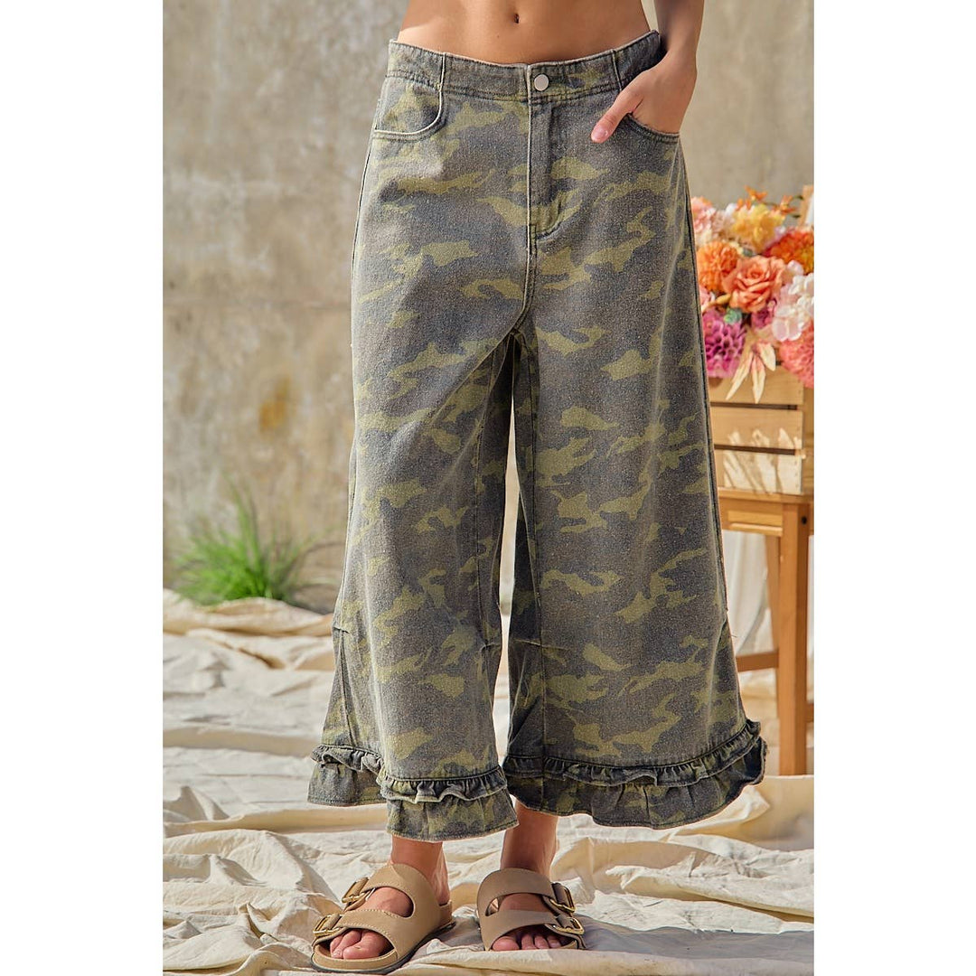 Pants - CAMOUFLAGE DENIM RUFFLED HEM MID RISE PANTS - - Cultured Cloths Apparel