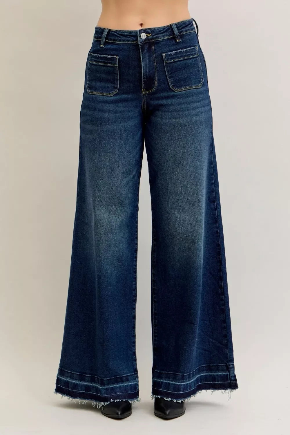 Denim - Judy Blue High Waist Palazzo Jeans with Front Patch Pockets - DK - Cultured Cloths Apparel