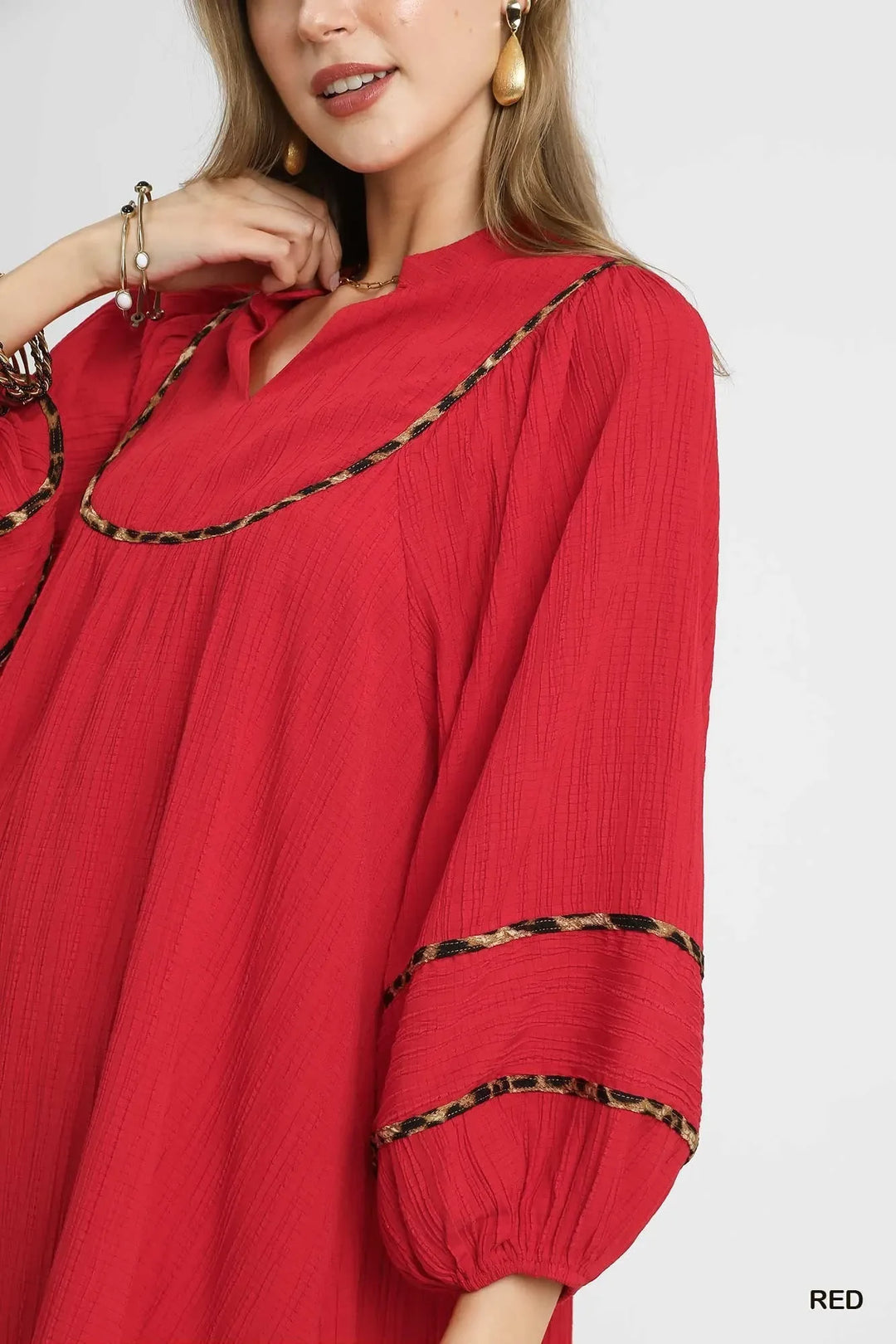 Women's Dresses - Umgee Textured Babydoll Dress with Leopard Trim - - Cultured Cloths Apparel