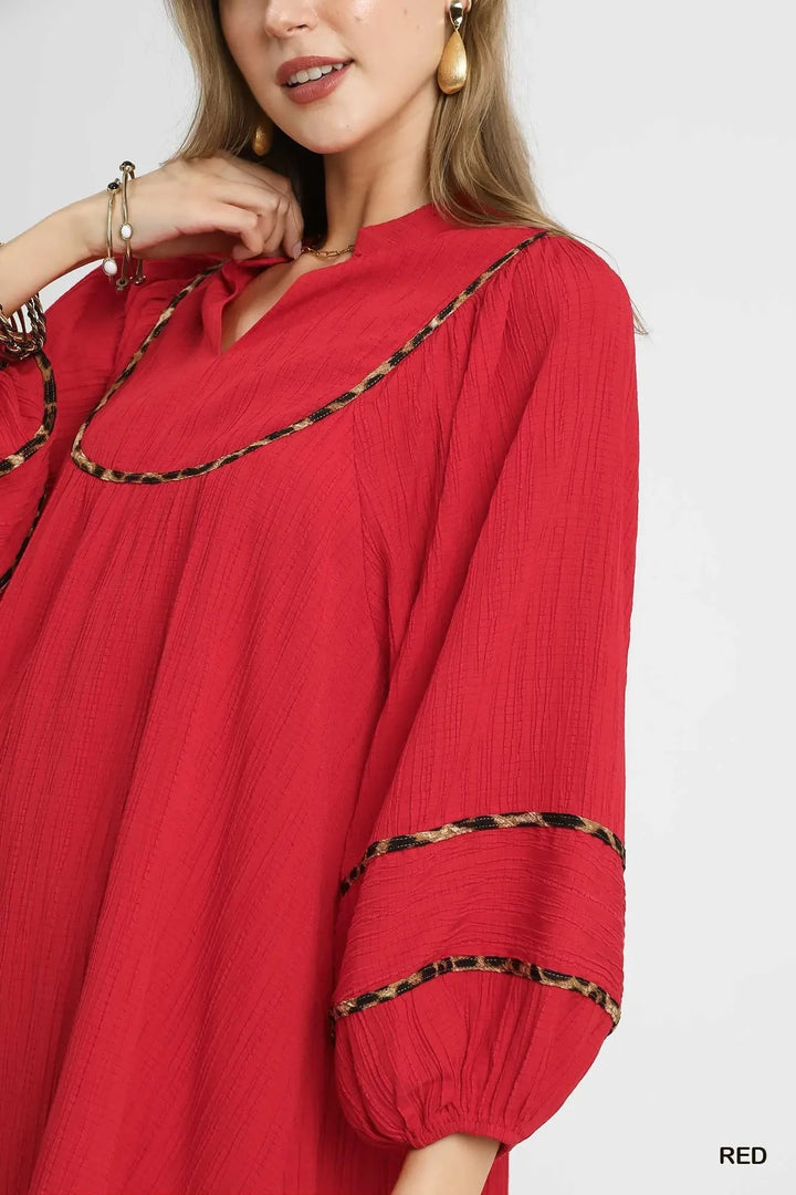 Women's Dresses - Umgee Textured Babydoll Dress with Leopard Trim - - Cultured Cloths Apparel