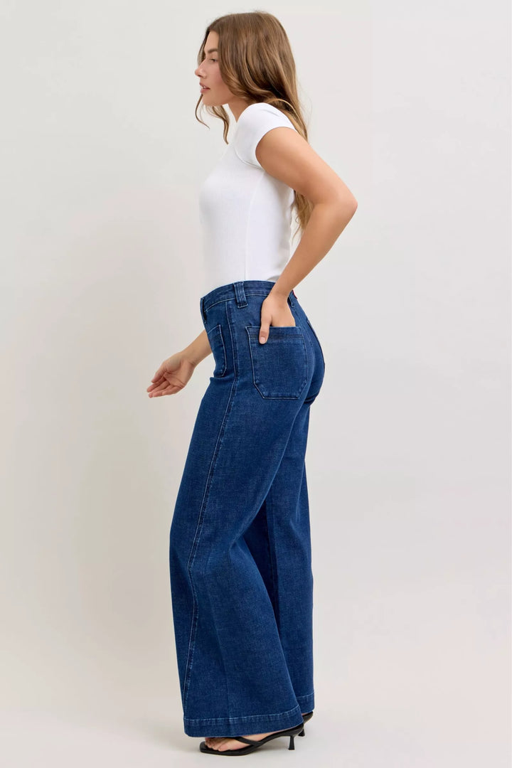 Denim - Judy Blue High-Waisted Retro Wide Jeans with Patch Pkts & Twisted Seams - - Cultured Cloths Apparel