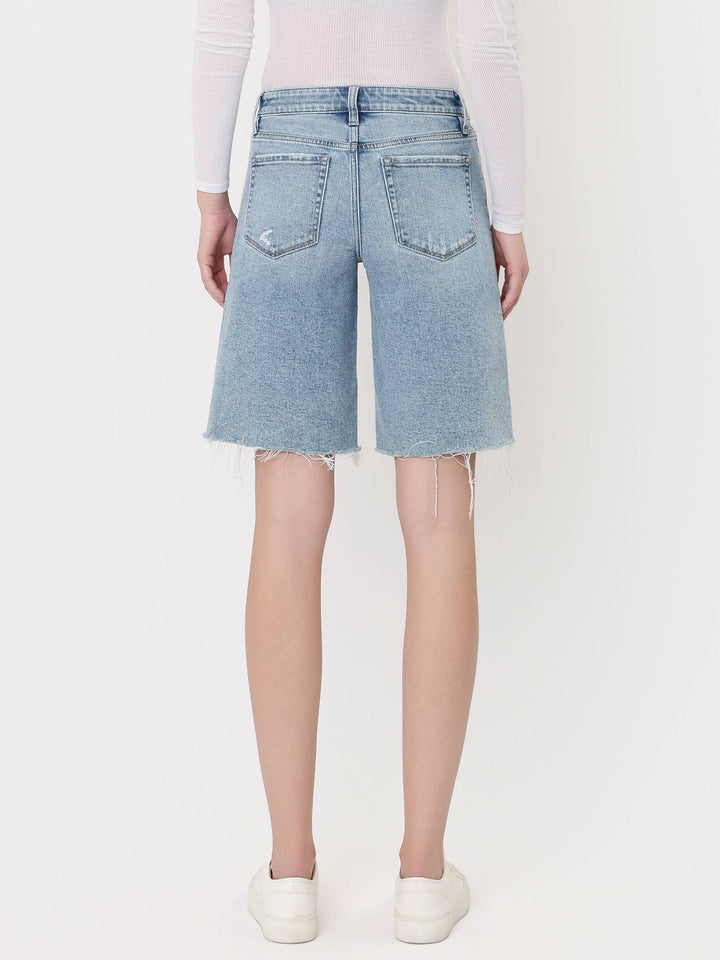 Denim - MID RISE RAW HEM LIGHT WASH DENIM JORTS - - Cultured Cloths Apparel