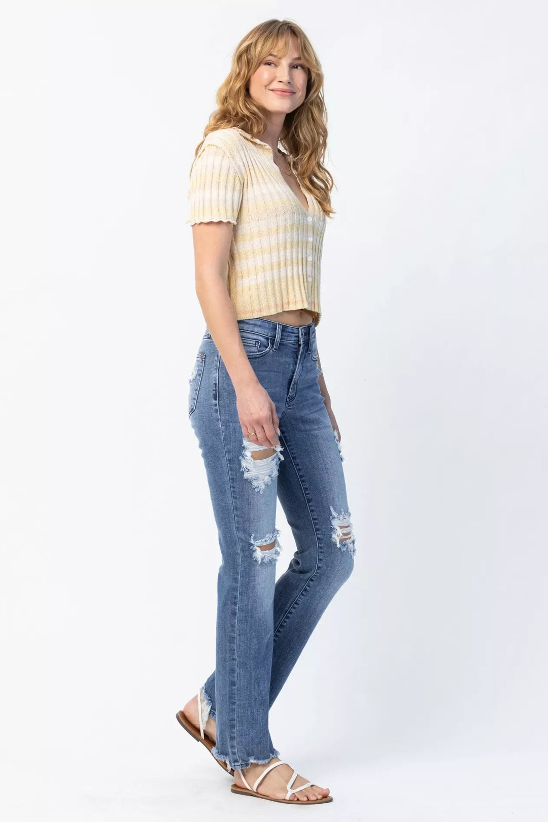 Denim - Judy Blue Full Size Mid Rise Destroy Straight Jeans Plus Size - - Cultured Cloths Apparel