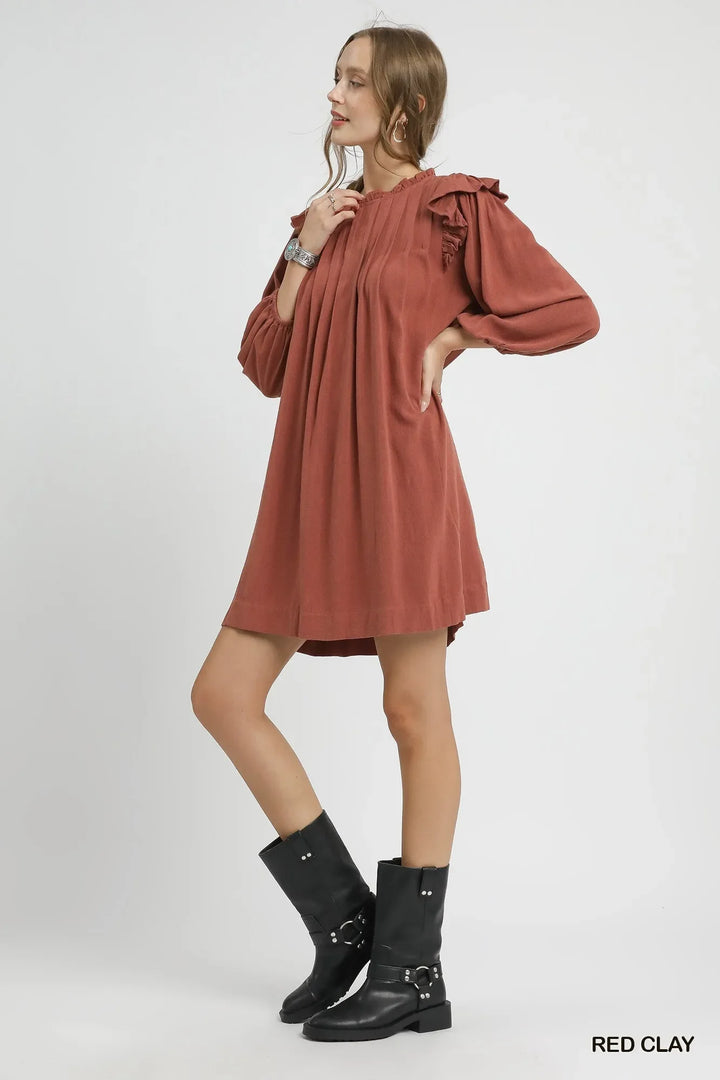 Women's Dresses - Umgee Linen Ruffle Shoulder Pleated Babydoll Dress - - Cultured Cloths Apparel