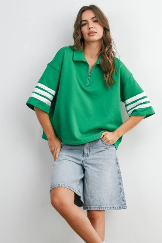 Women's Short Sleeve - Striped Sleeve Quarter-Zip Pullover - - Cultured Cloths Apparel