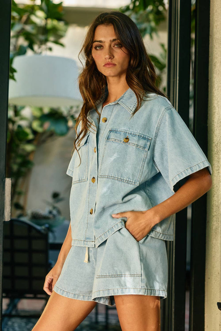 Women's Short Sleeve - Patched Pockets Washed Denim Shirt - - Cultured Cloths Apparel
