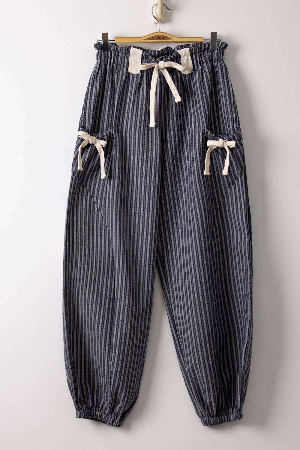 Pants - NP71004-Bow Detail Stripe Textured Woven Pants - - Cultured Cloths Apparel