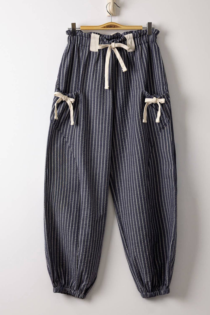 Pants - NP71004-Bow Detail Stripe Textured Woven Pants - - Cultured Cloths Apparel