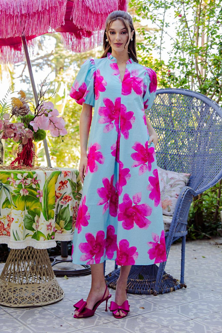 Lime Ruffle V-Neck Puff Sleeve Waist Pleated Midi Dress