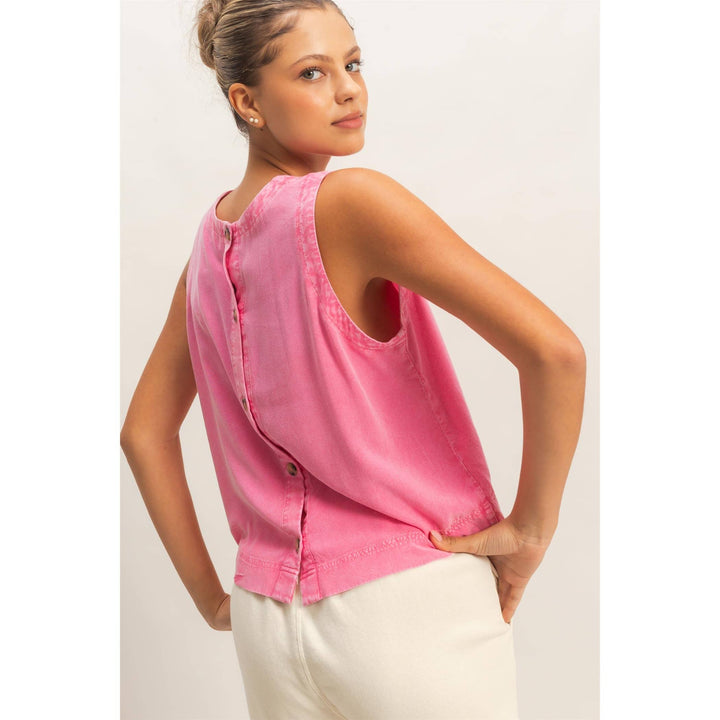 Women's Sleeveless - Pink Mineral Wash Button Back Sleeveless Top - SMALL - Cultured Cloths Apparel