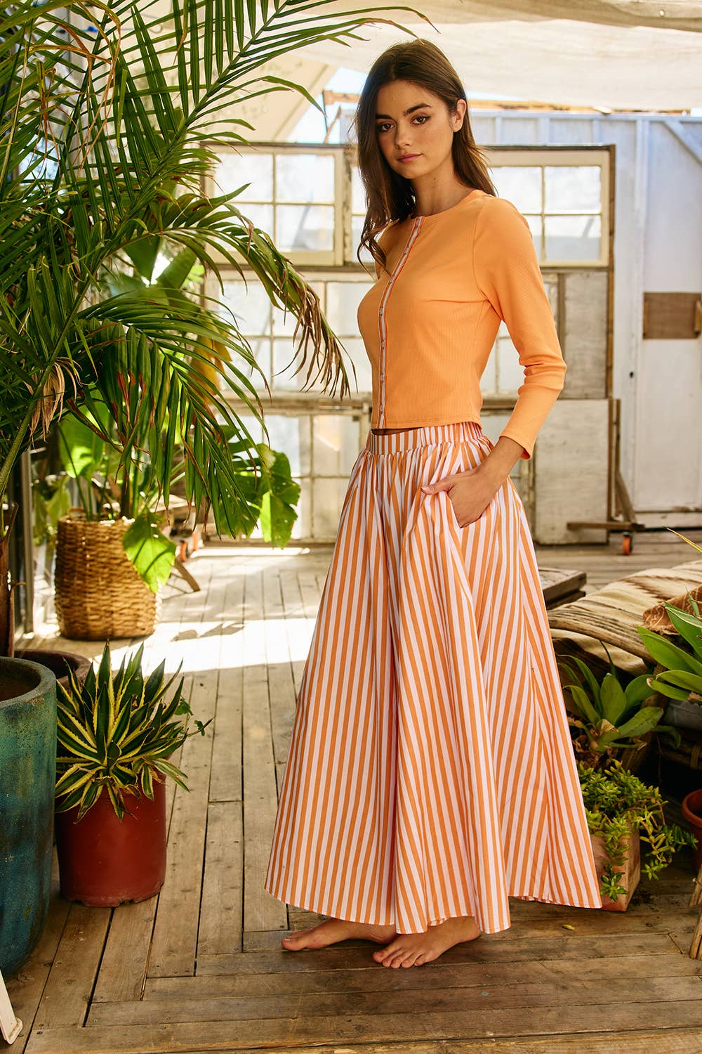 Contrast-Trim Button-Down Ribbed Top