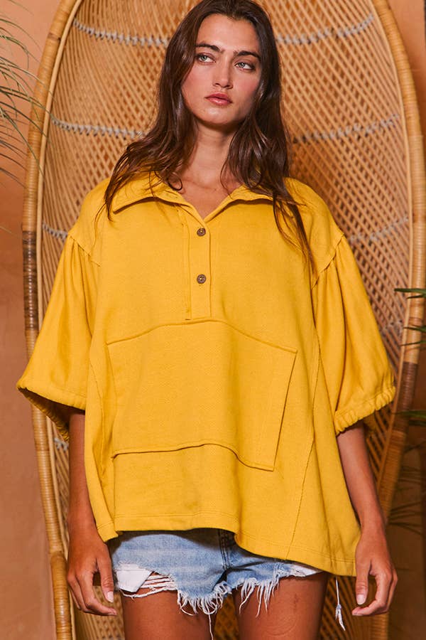 Gray Oversized Drawstring Tie Sleeves Detail Solid Top