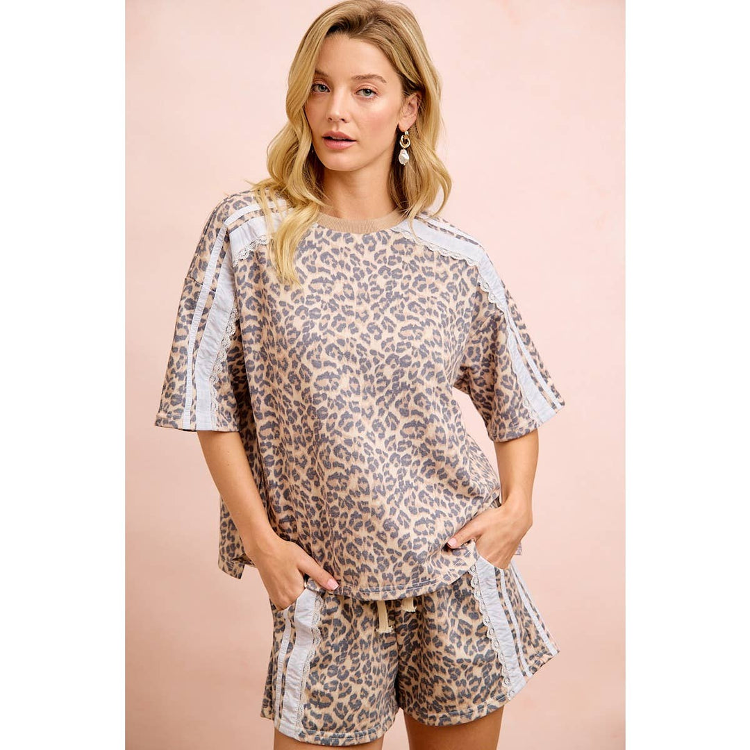 Women's Short Sleeve - LEOPARD TERRY SIDE DETAIL SHORT SLEEVES TOP - - Cultured Cloths Apparel