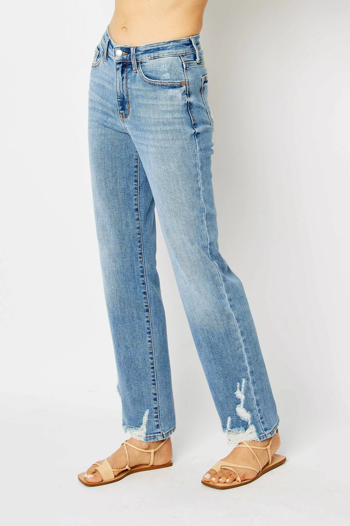 Denim - Judy Blue Full Size High Waist Straight Jeans with Heavy Destroy - - Cultured Cloths Apparel