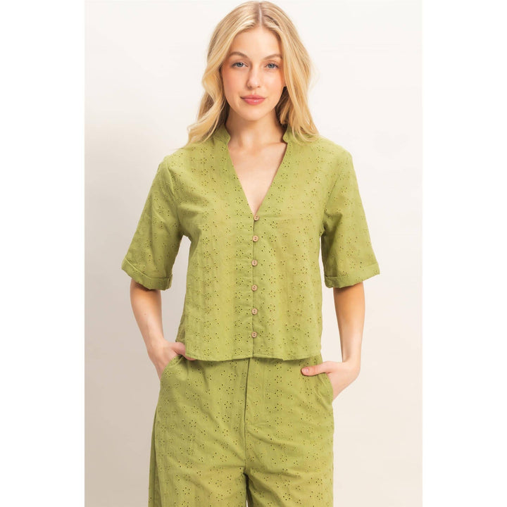 Olive Floral Eyelet Mandarin Collar Top