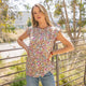 Women's Short Sleeve - Floral Top With Ruffled Neck and Short Sleeves - Taupe - Cultured Cloths Apparel