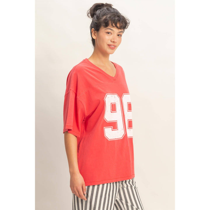 Graphic T-Shirts - Oversized Varsity Style V-Neck Graphic T-Shirt - - Cultured Cloths Apparel