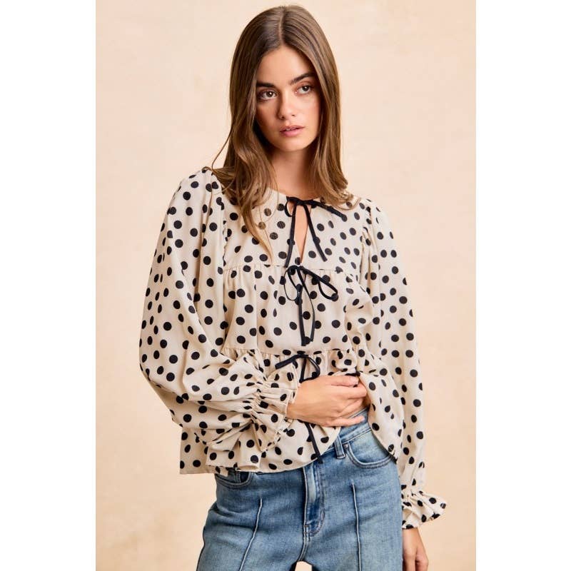 Women's Short Sleeve - Polka Dot Tiered Peplum Bow Tied Top With Shirring - - Cultured Cloths Apparel