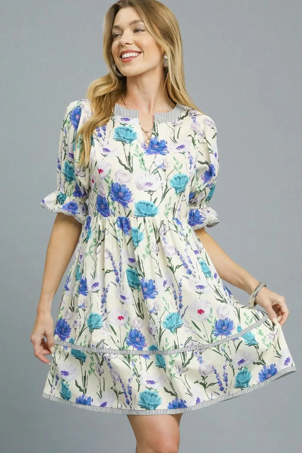 Women's Dresses - Umgee BabyDoll Floral Striped Hem Mini Dress - - Cultured Cloths Apparel