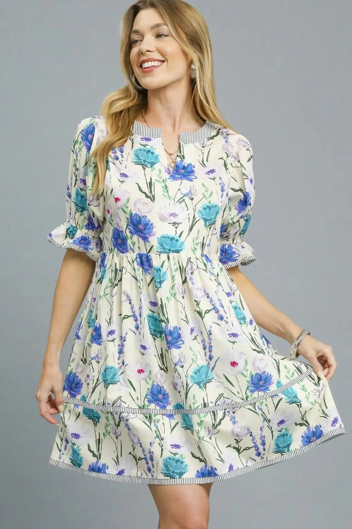 Women's Dresses - Umgee BabyDoll Floral Striped Hem Mini Dress - - Cultured Cloths Apparel