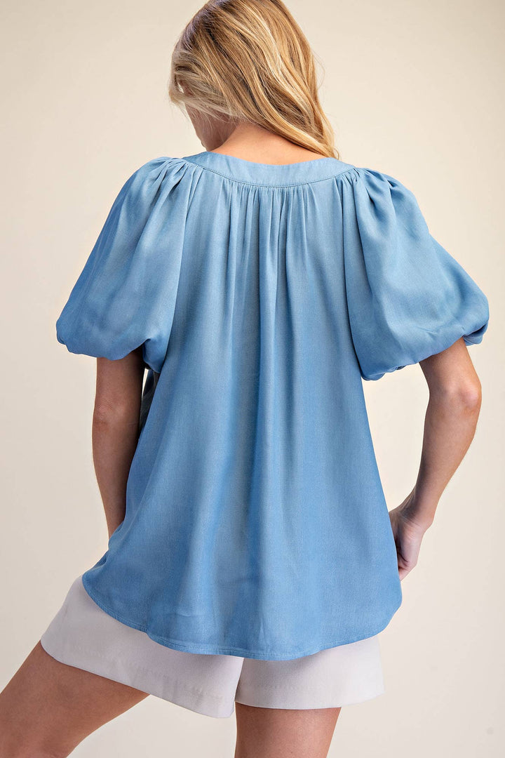 - V-Neck Placket Balloon Sleeve Top - - Cultured Cloths Apparel