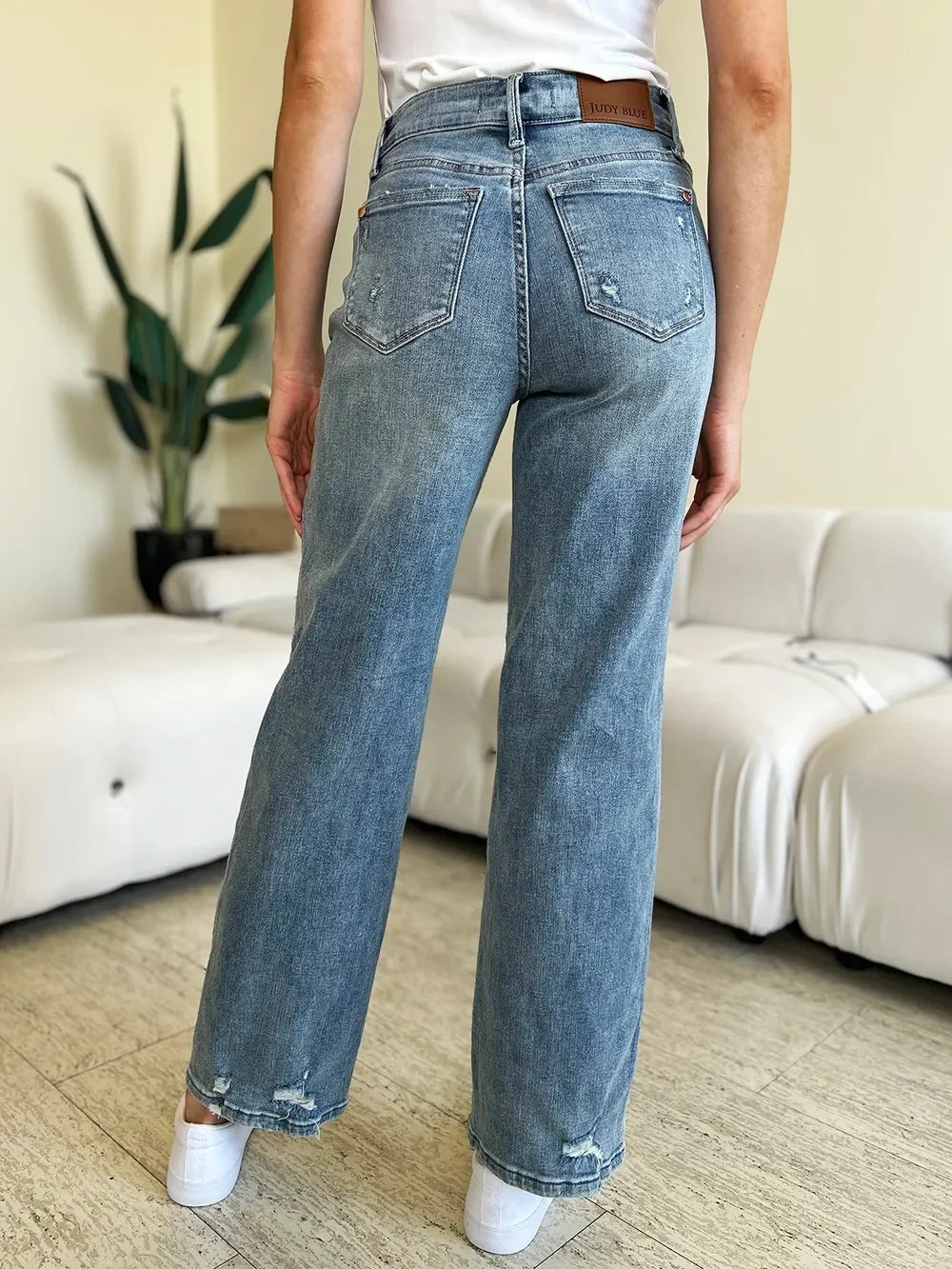 DENIM - Judy Blue Full Size Mid Rise Distressed Straight Jeans - - Cultured Cloths Apparel