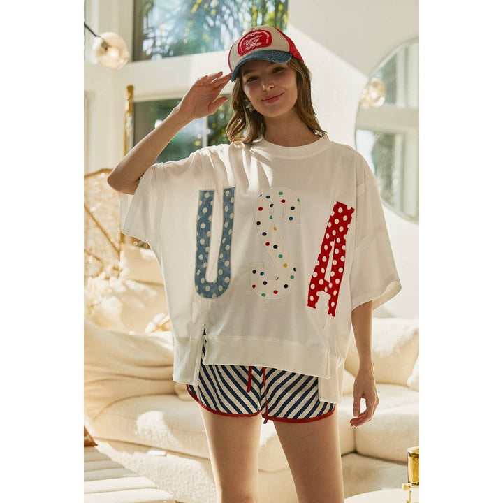 Women's Short Sleeve - 4th Of July Polka Dot Usa Lettered Patch Work Top - - Cultured Cloths Apparel